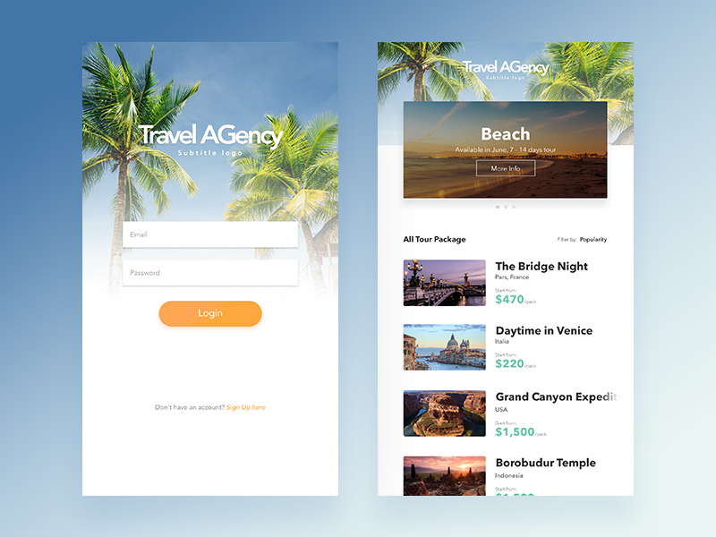 Einfaches Reisebüro App Design