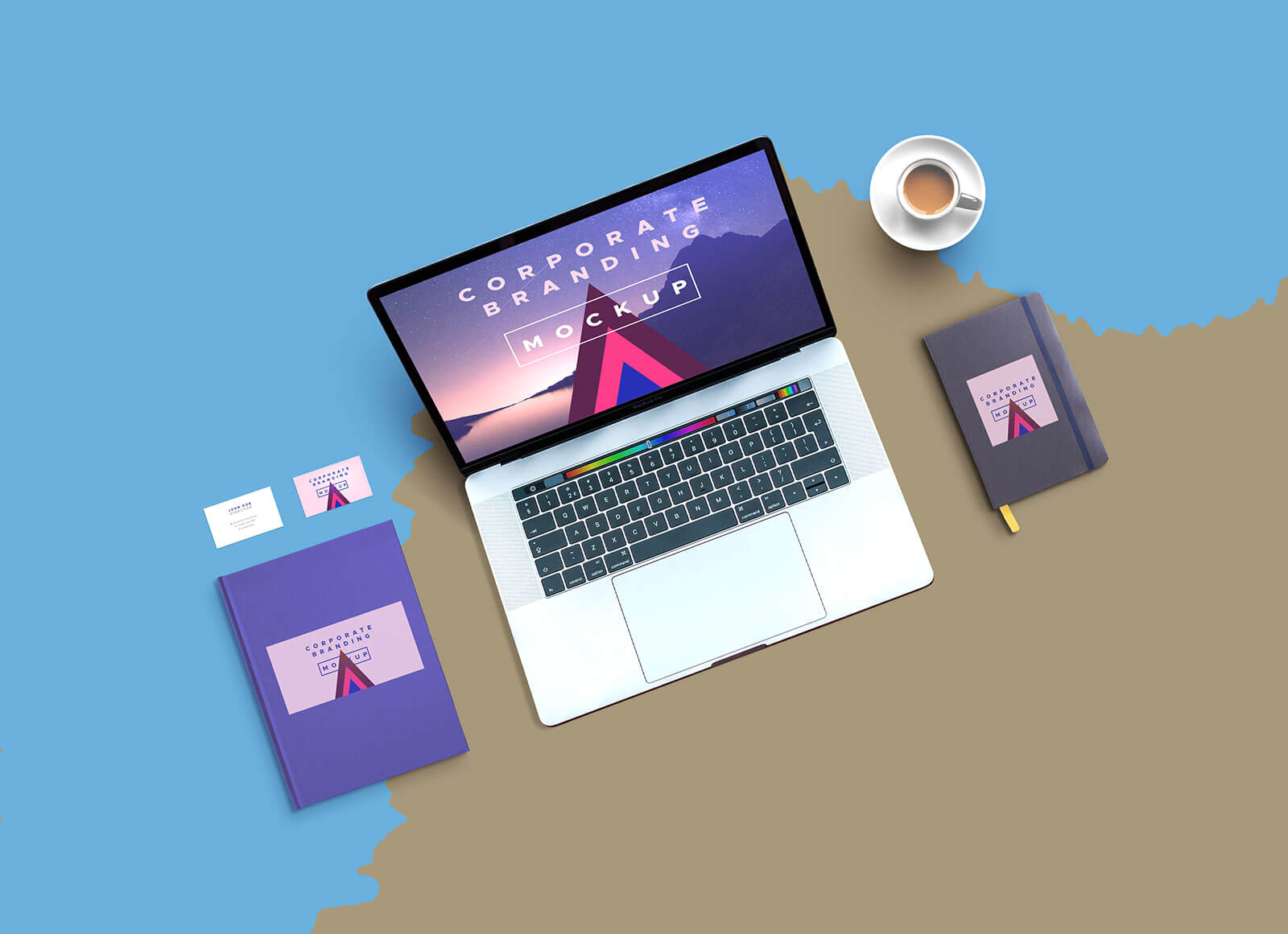 Top View Stationery mit MacBook Pro Mockup