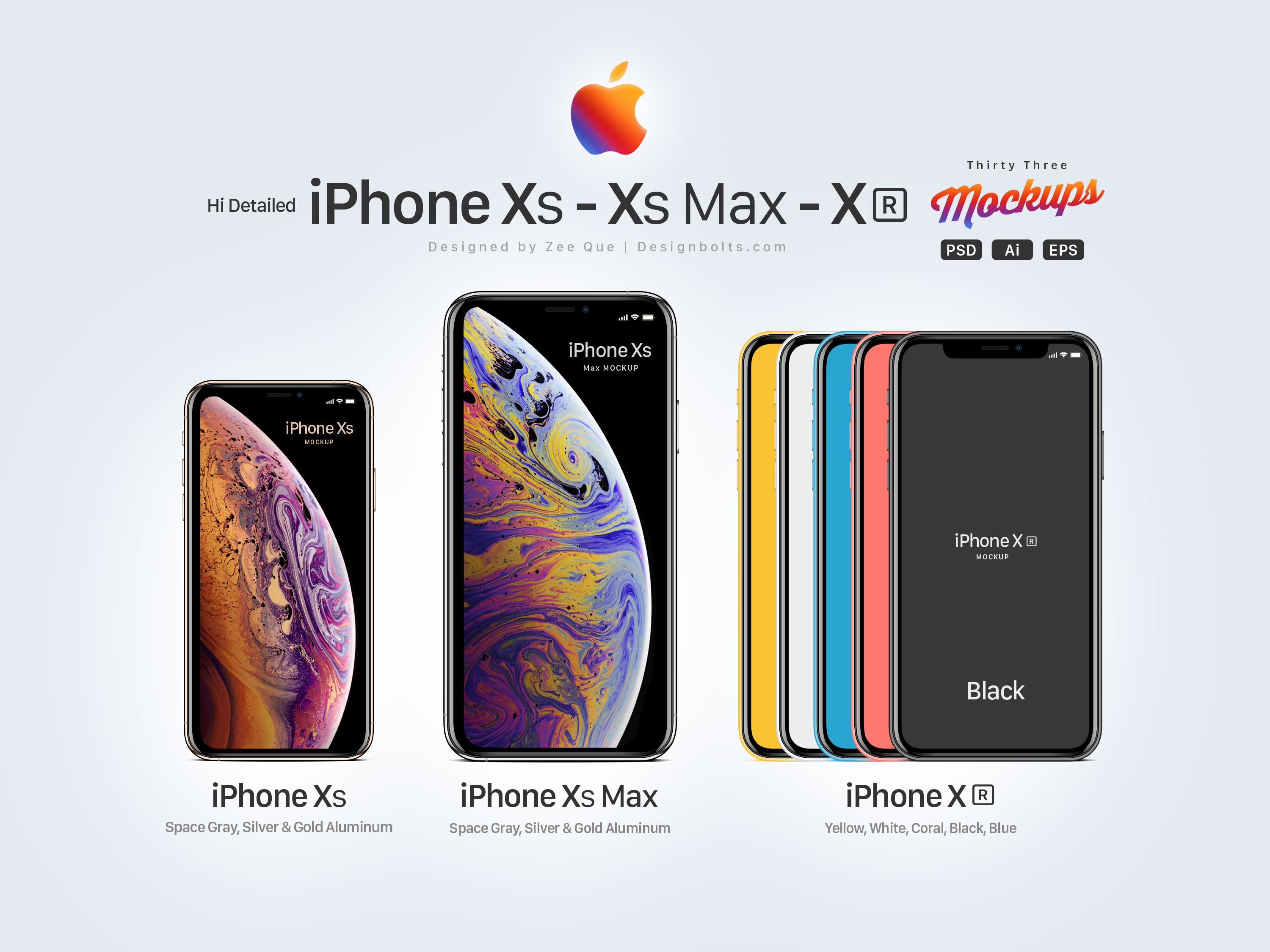 Apple iPhone XS, XS Max, XR Mockup Set en PSD, AI y EPS