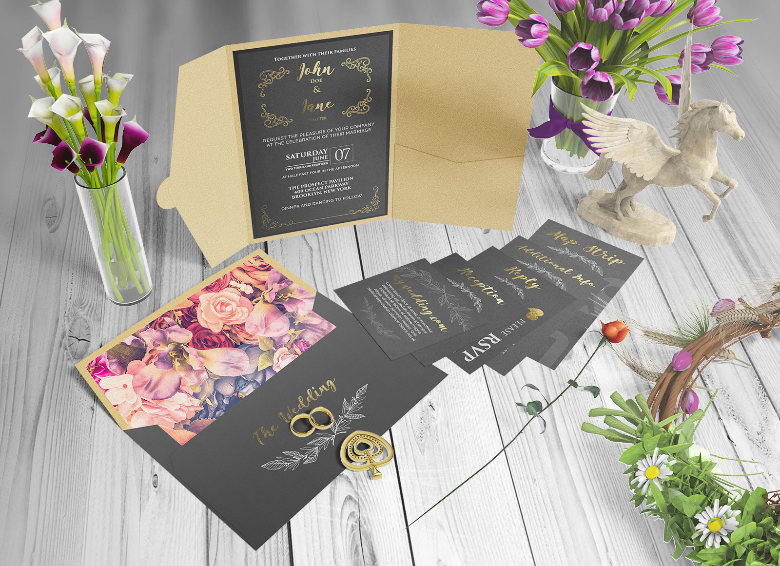 美しい結婚式の招待状カードモックアップセット
