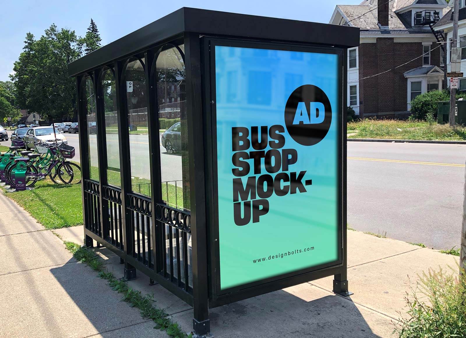 バス停の広告ポスターモックアップ