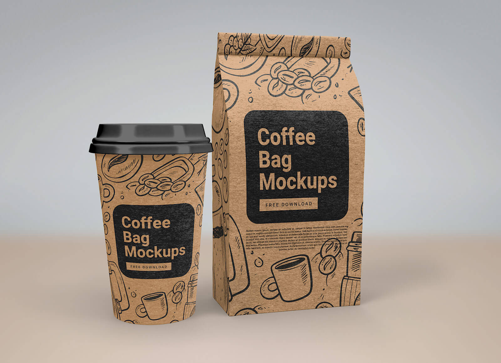 Kaffee Zwickel Tasche und Pappbechermodelle Mockup Set