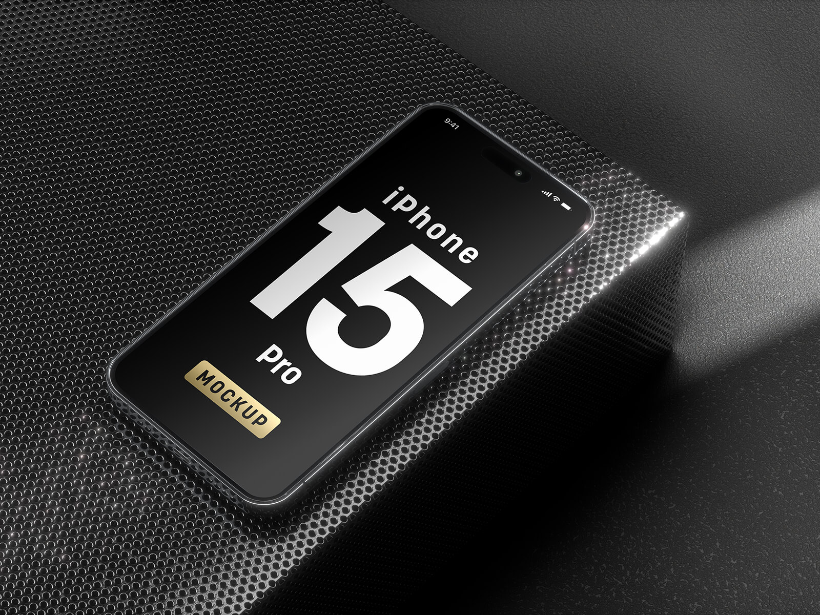 Dark iPhone 15 Pro Mockup With Metal Background