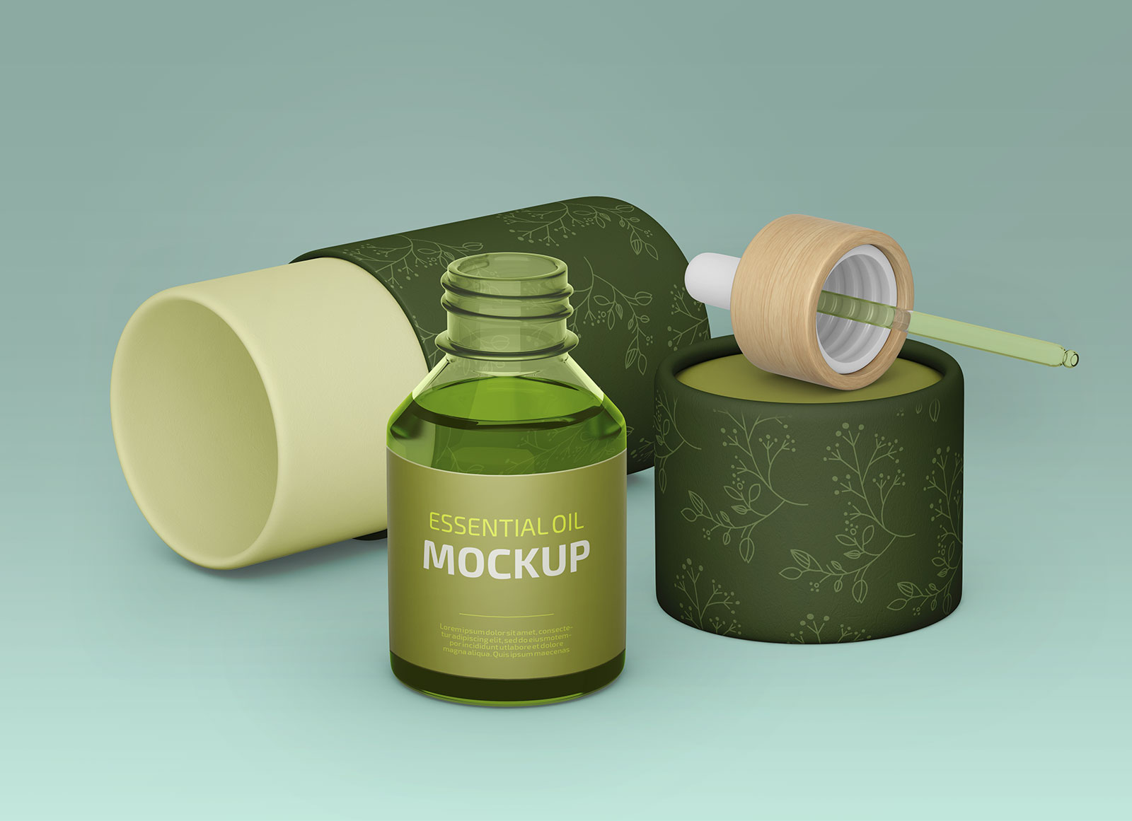 Botella de cuentagotas de aceite esencial con juego de maquetas de embalaje de tubo