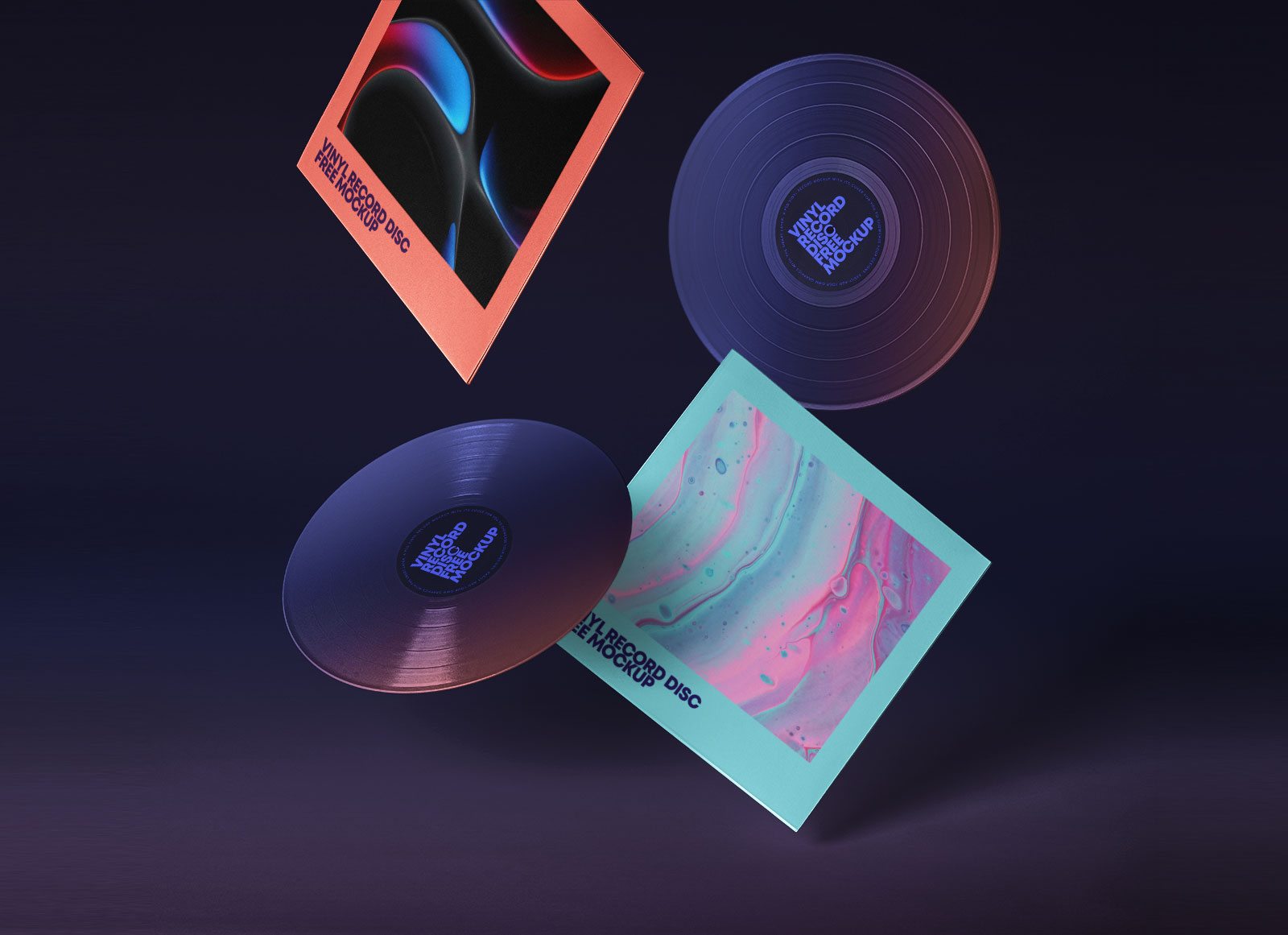 Fallende Vinyl -Rekord -Disc & Jacke Verpackung Mockup
