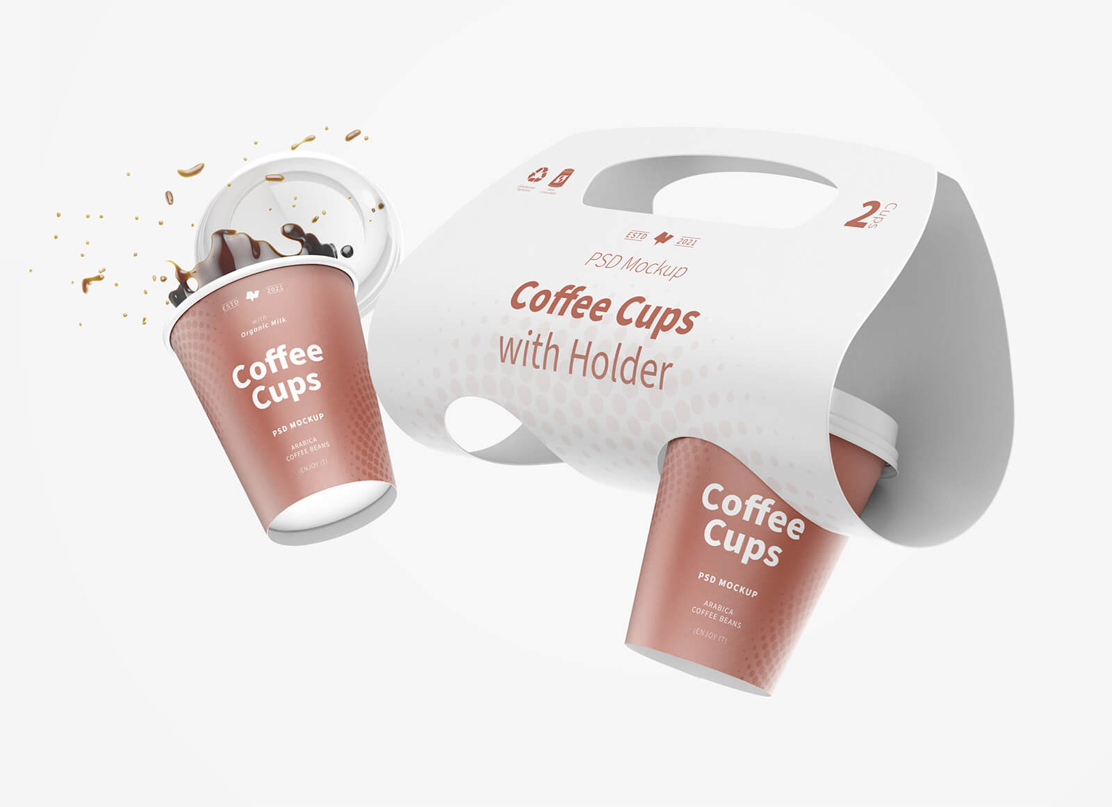 ホルダーモックアップ付きのフローティングペーパーコーヒーカップ