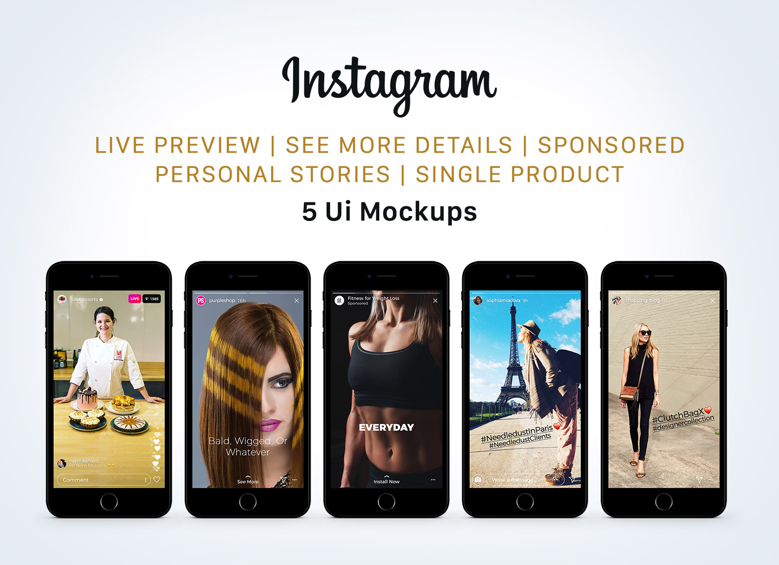 Instagram patrocinado, Historias en vivo y estatus maquetas de interfaz de usuario