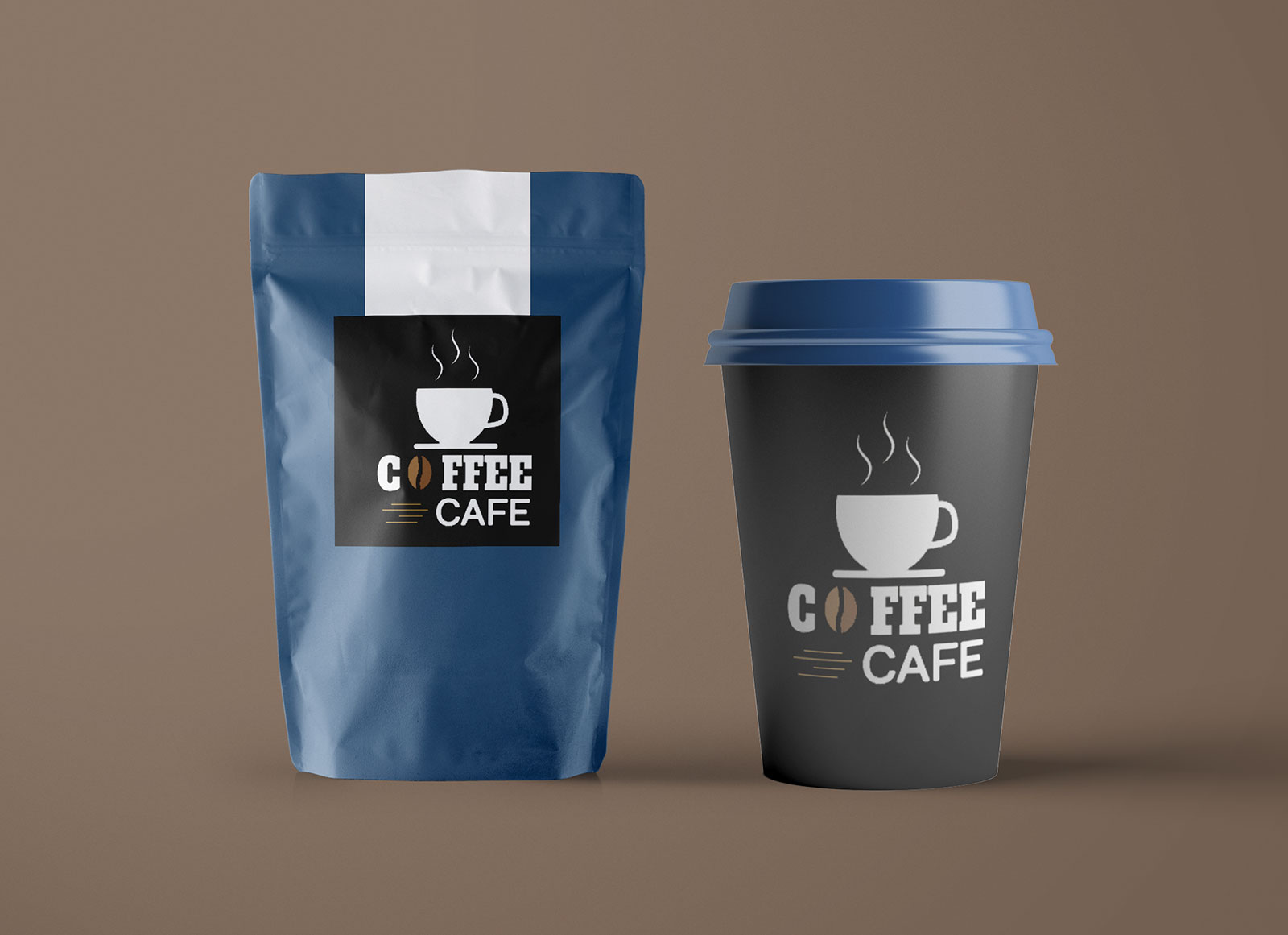 Pockenbeutel -Kaffeetasche und Tasse Verpackung Mockup