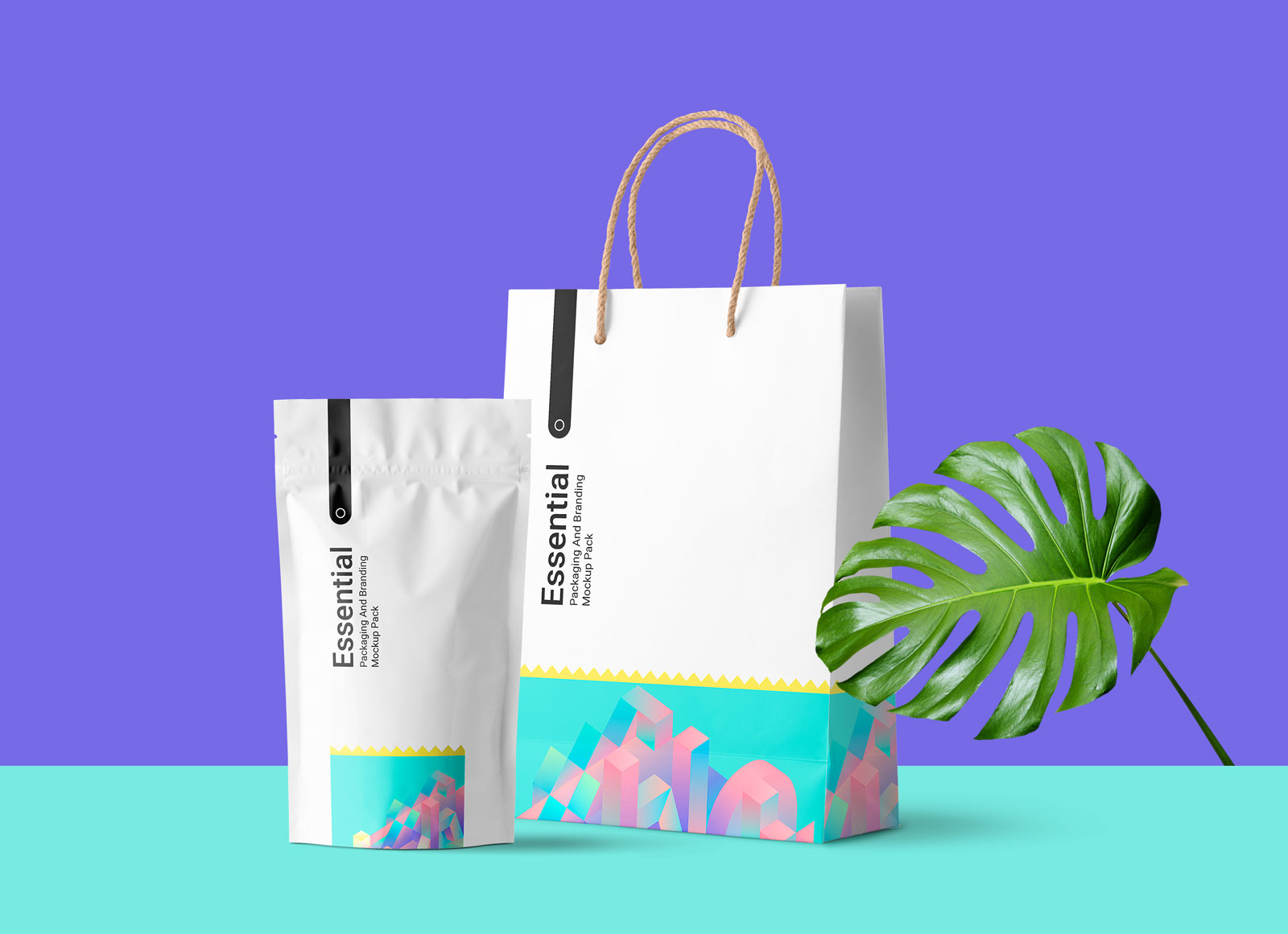 Bolsa de compras de papel y maqueta de bolsas de café de plástico