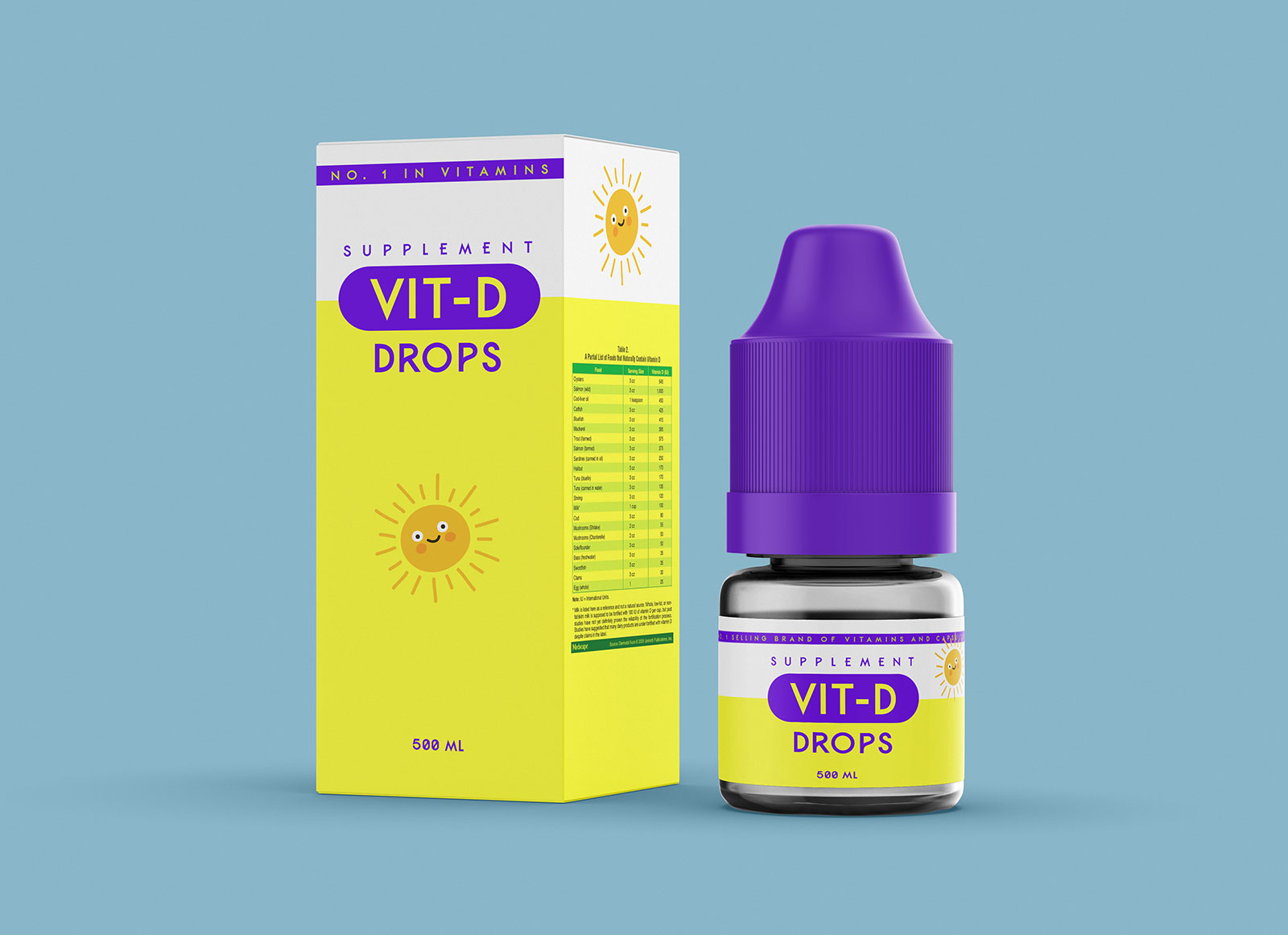 Mockup de empaquetado de botella y caja de gotas de vitamina-D