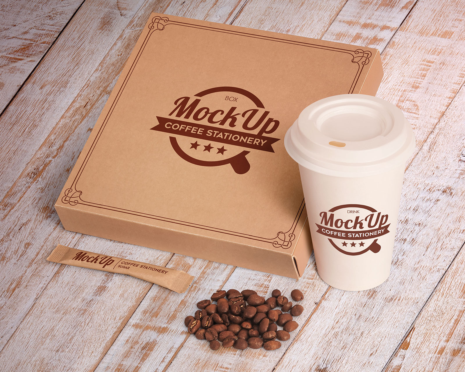 Pizza -Box -Verpackung, Mockup -Dateien Kaffee Tasse und Briefpapierdateien
