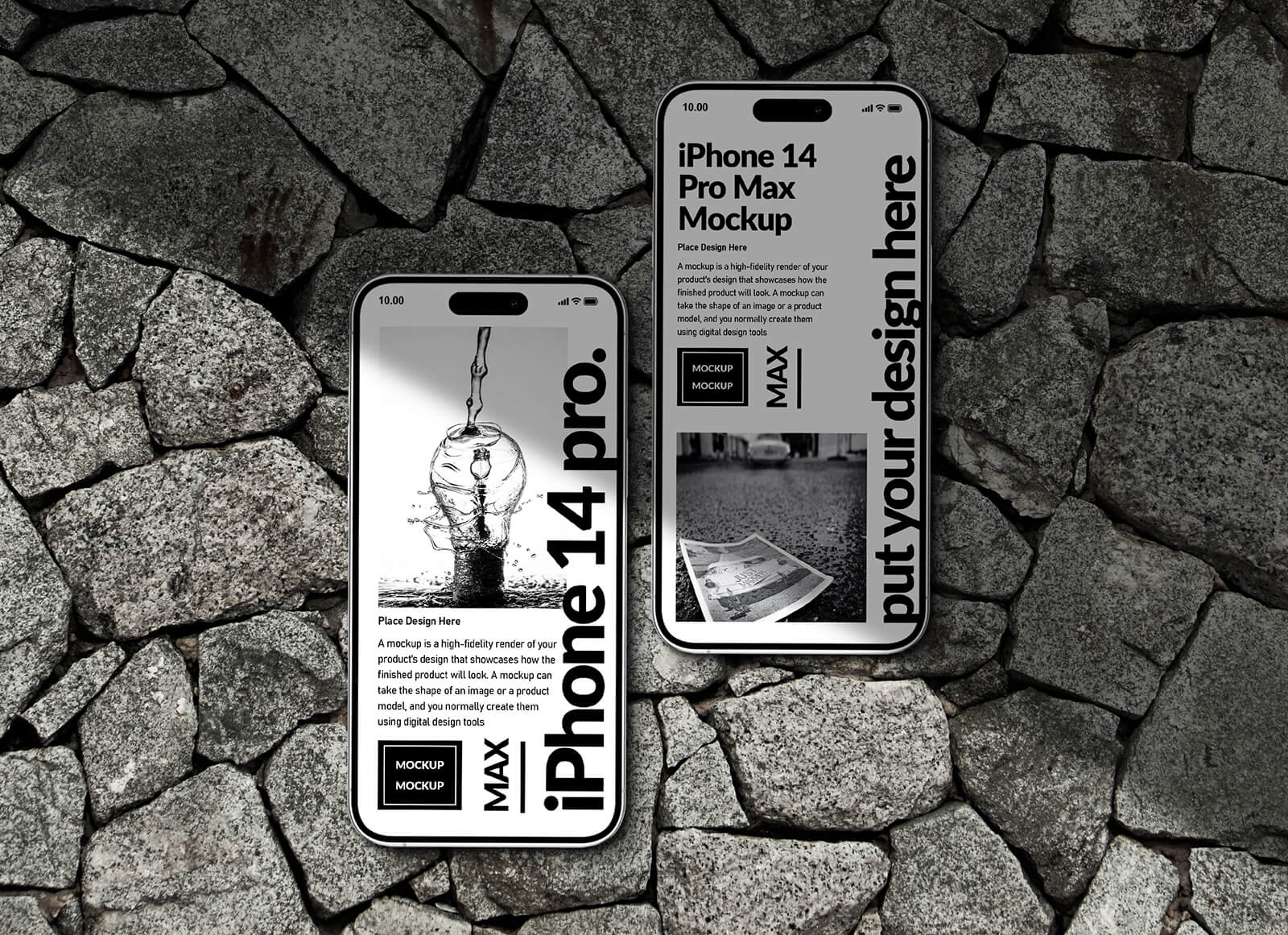 Реалистичный iPhone 14 Pro Mocx Mockup на камне текстуры