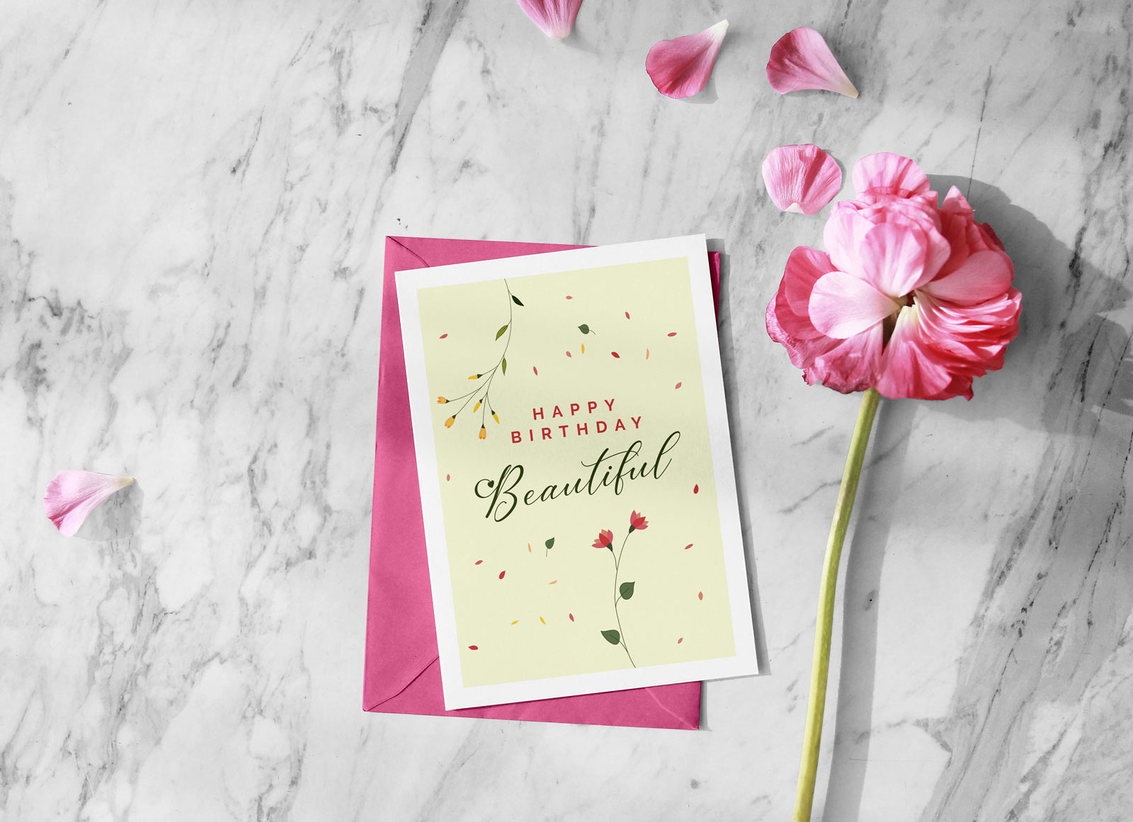 Maqueta de tarjetas de cumpleaños florales en la sombra