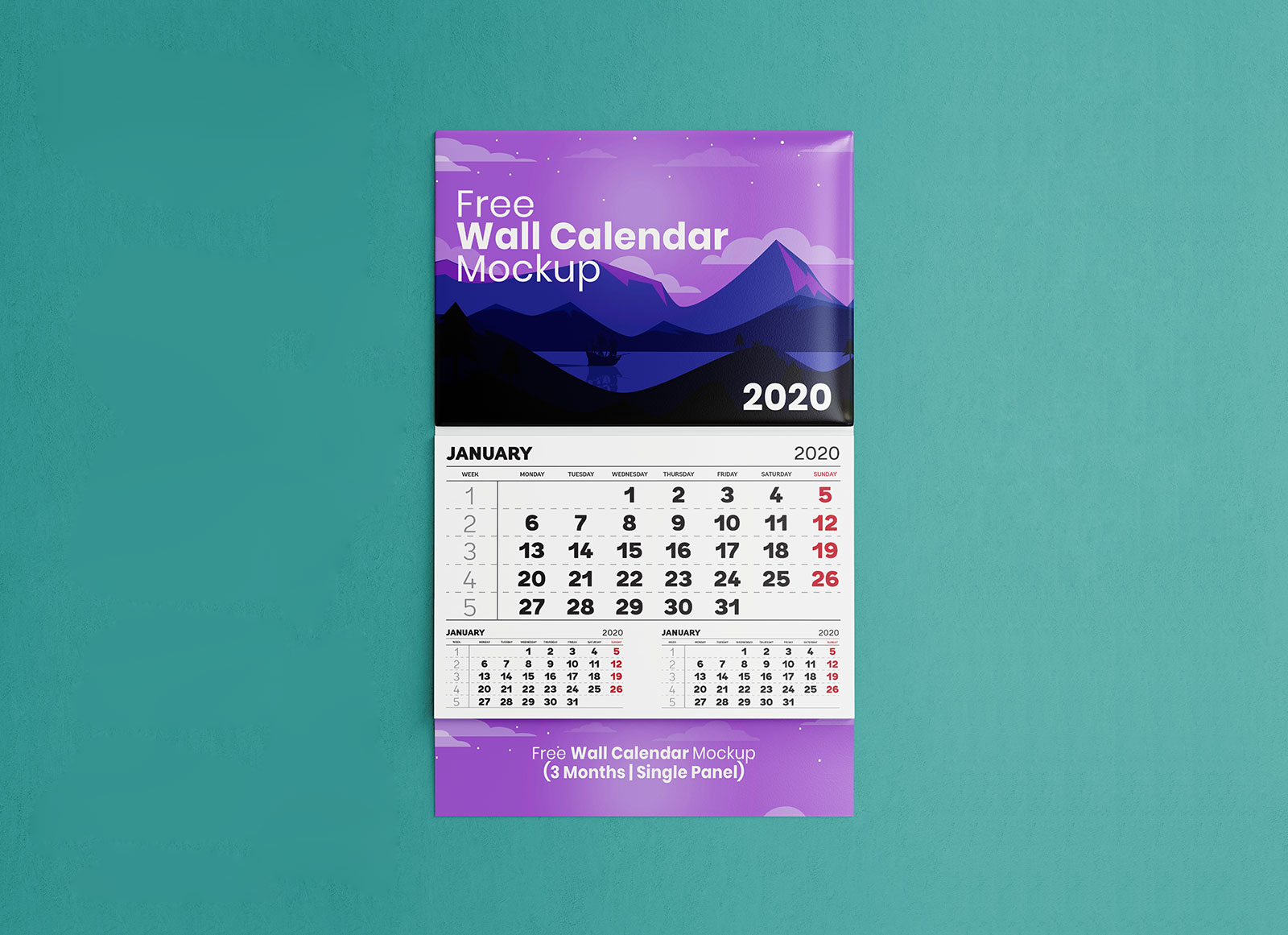 Single Panel 3 Month Wall Calendar Mockup