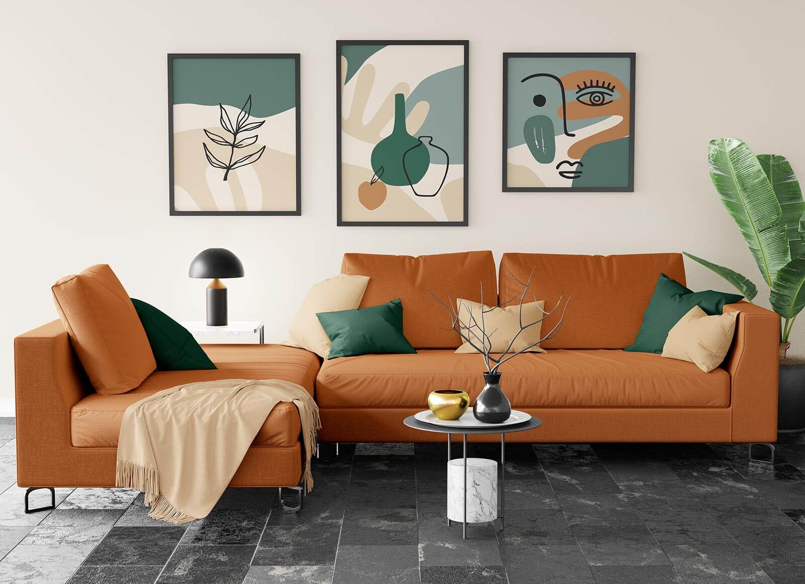 Maqueta de carteles de sofá y marco de pared