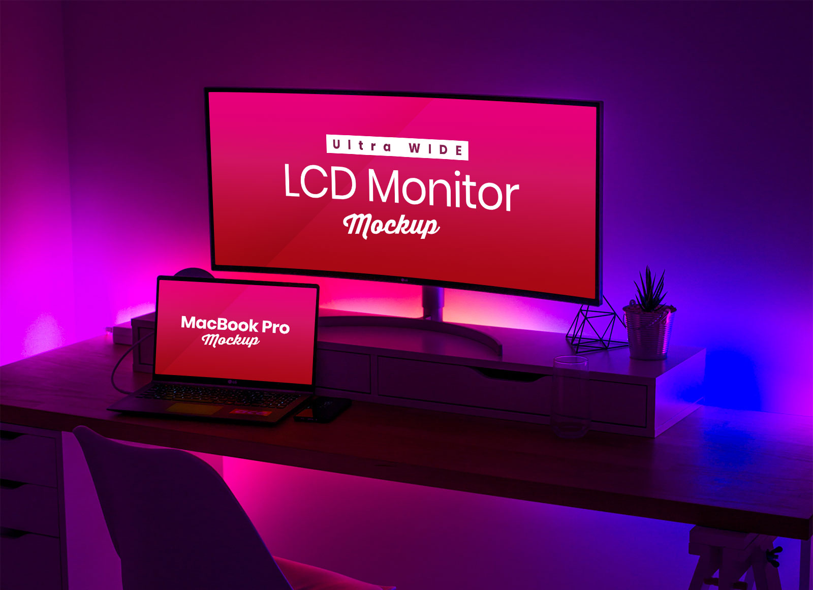 Mockup LCD y MacBook Pro de pantalla ultra ancha y MacBook