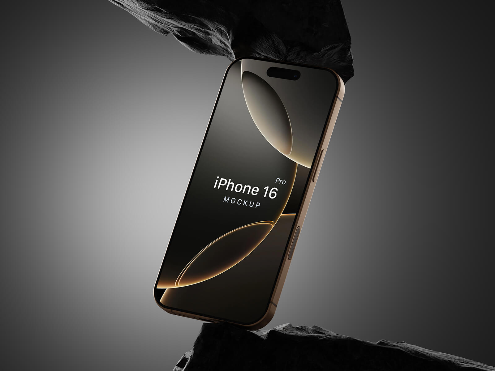 Rocks Creative iPhone 16 Proモックアップの間に