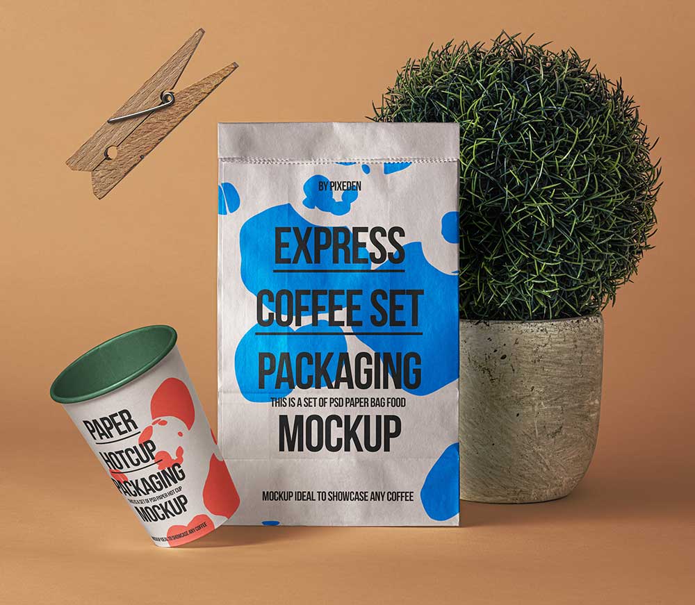 Free Coffee Bag & Paper Cup Mockup