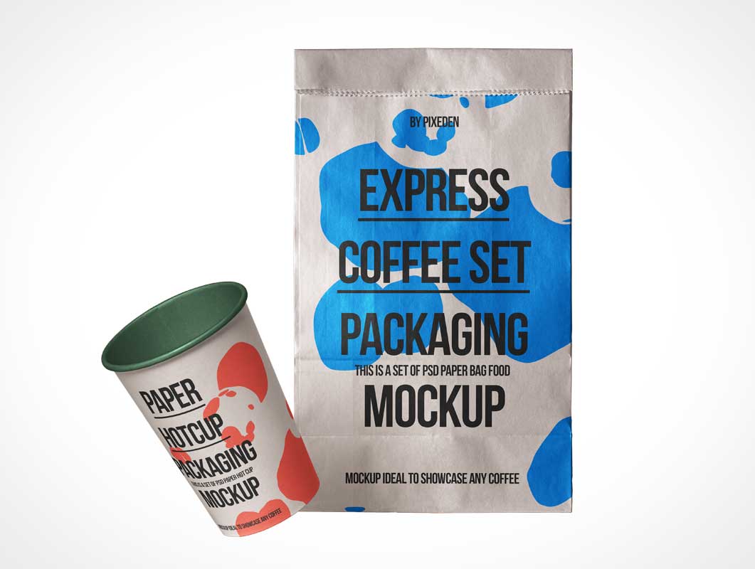 Кофейная чашка и забрать бумажный пакет PSD Mockup