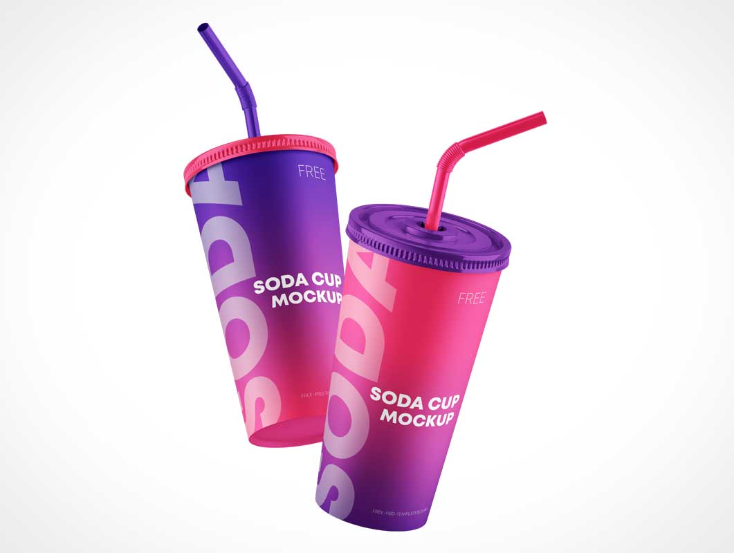 Floating Paper Soda Cups & Straws PSD Mockup