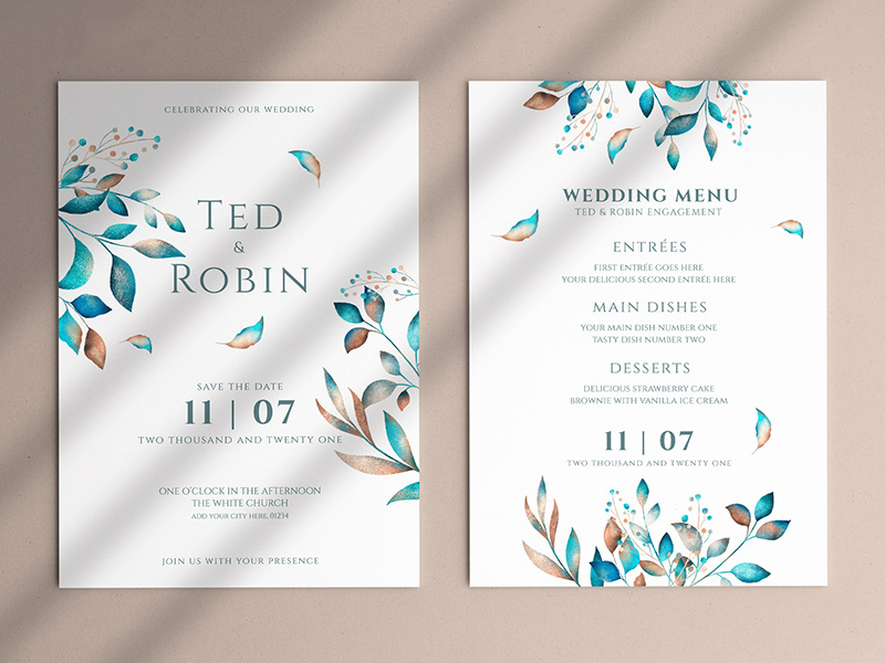 Цветочное свадебное приглашение и шаблон меню