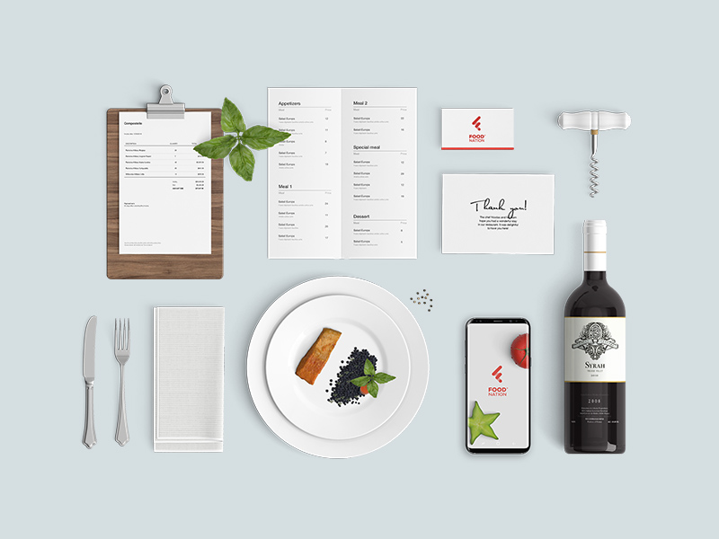 Restaurante Food Mockup & Food Nation App Logo Concepto
