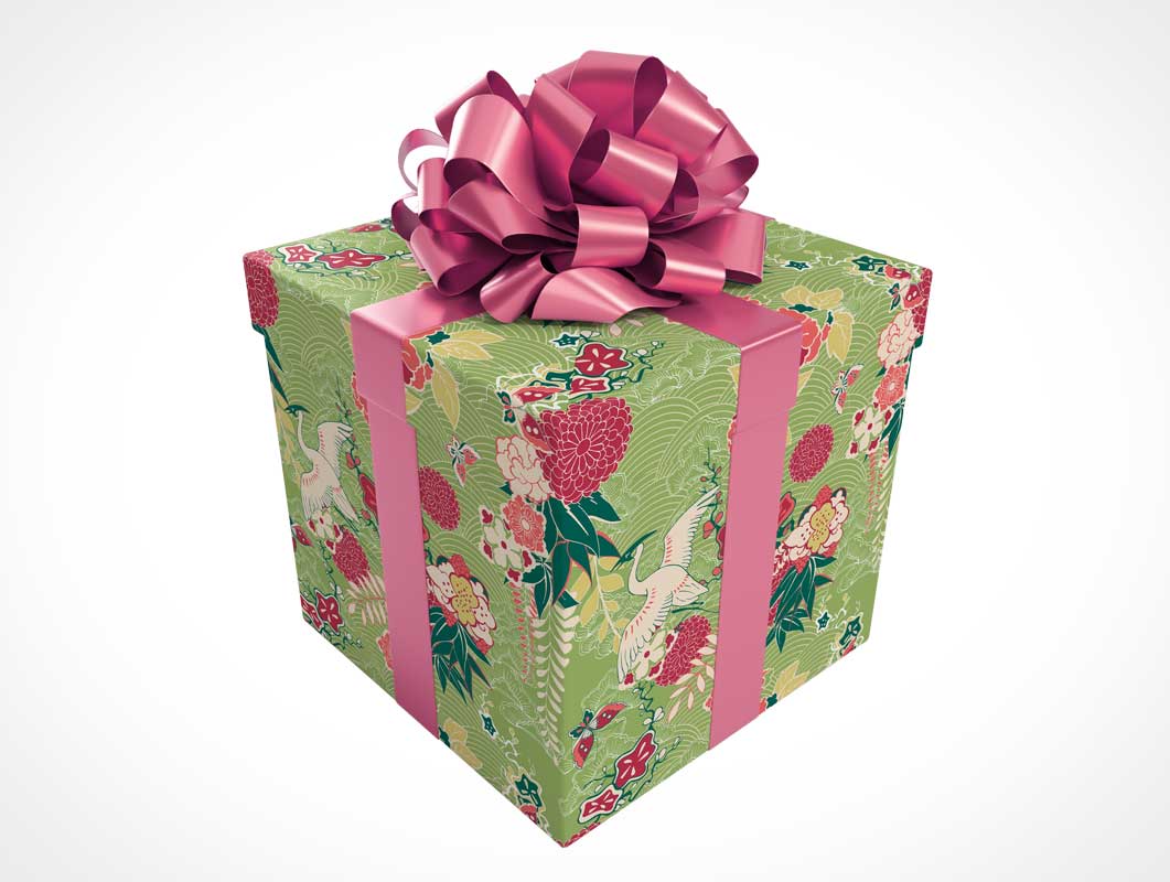 Подарочная упакованная квадратная подарочная коробка и поклон PSD Mockup