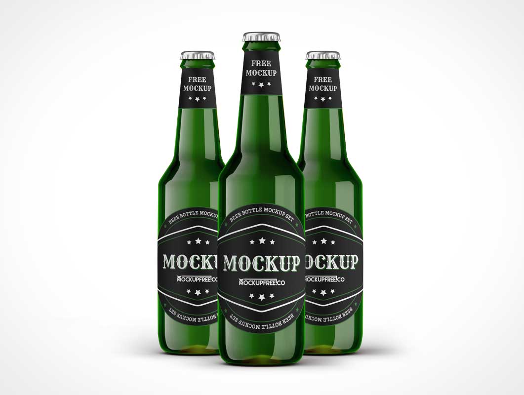 Botellas de cerveza de cristal verde PSD maqueta