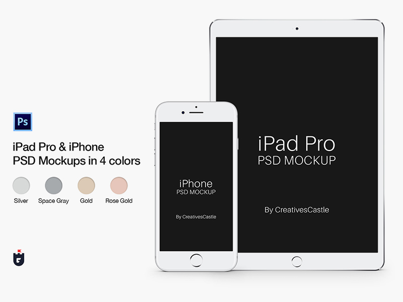 4色のiPhoneとiPad Pro PSDモックアップ
