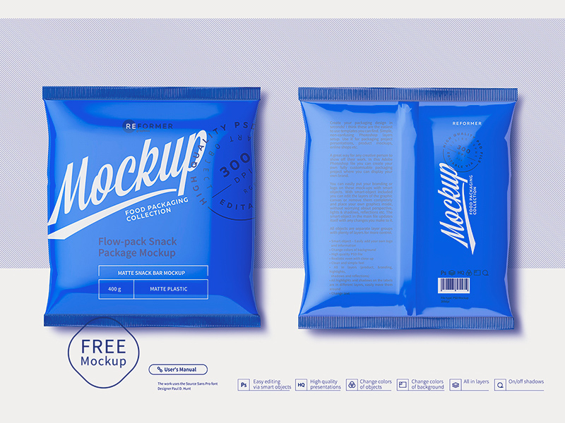 Paquete de aperitivos de plástico Mockup Front & Back Vistas