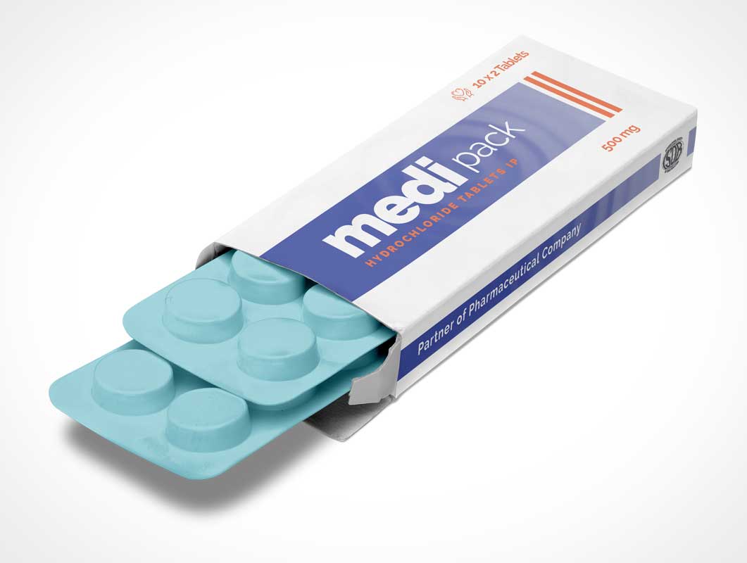 Tablet Strip Pill Box Packaging PSD Mockup