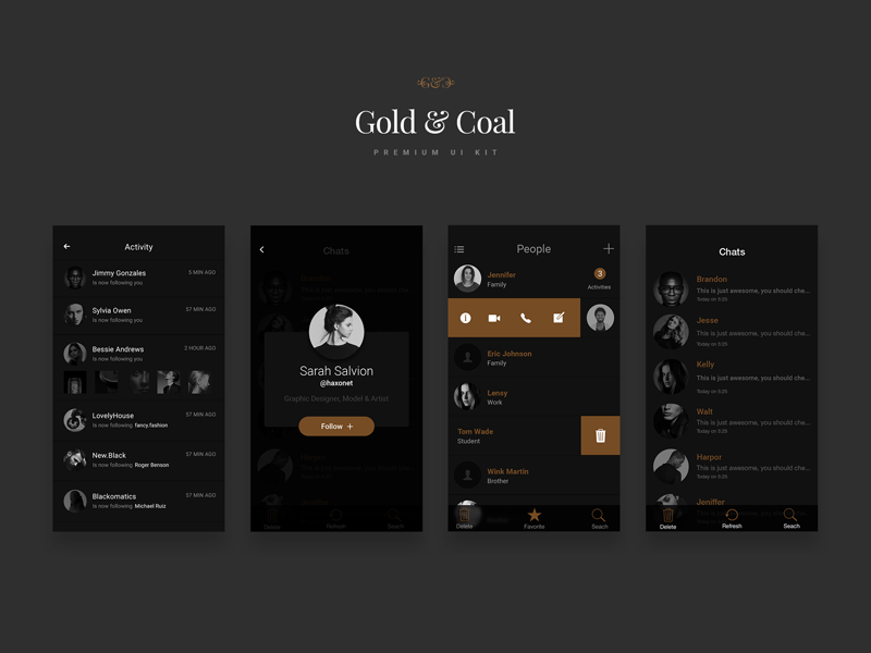 Контактные страницы из золота и угля пользовательского интерфейса Kit