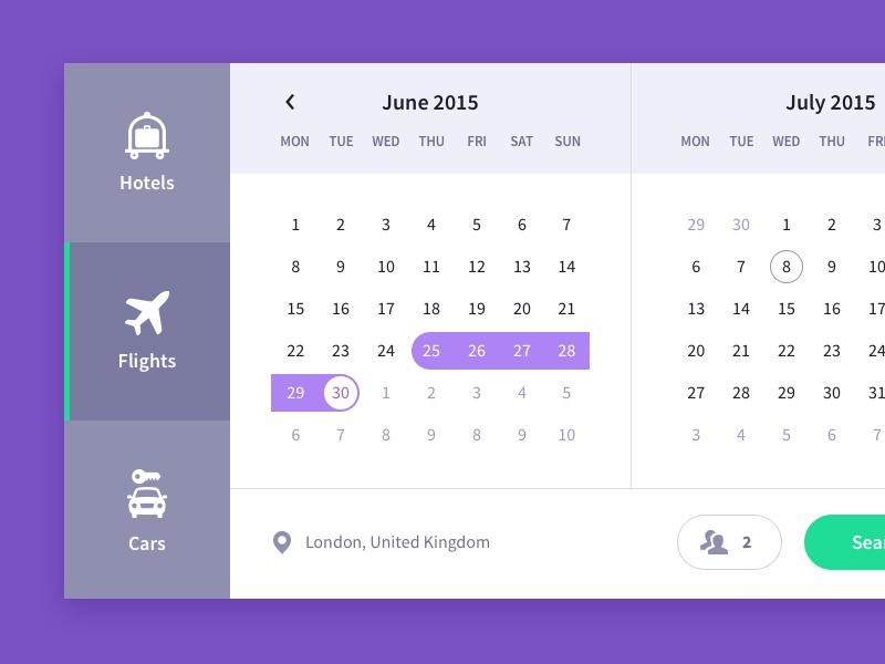Interfaz de usuario del calendario de viajes
