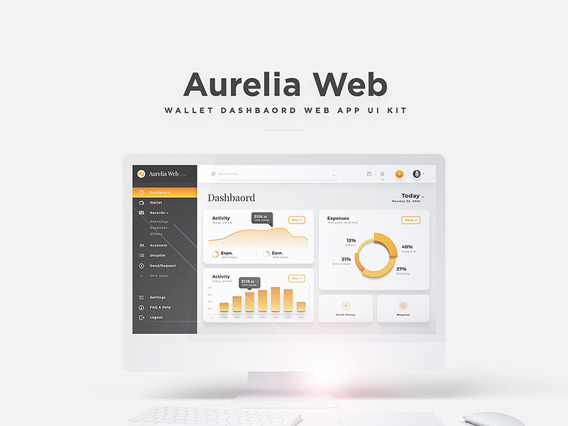 Aurelia Web – Elegante panel web app UI Kit para Adobe XD