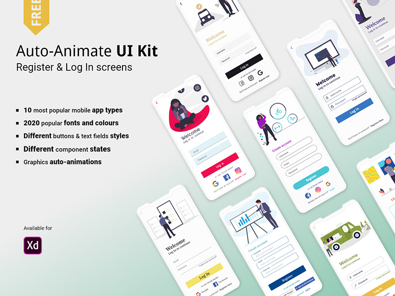 Kit de interfaz de usuario de registro y inicio de sesión de Animate automático para Adobe XD