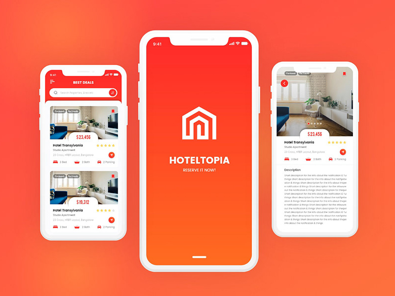 Diseño de la interfaz de usuario de la aplicación móvil de Adobe XD HotelTopia