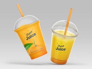 4 Free Clear Plastic Disposable Juice Cup With Dome Lid Mockup Set