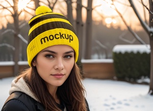 AI Girl Wearing Winter Hat Mockup