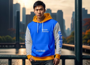 Asiatisches Modell trägt Hoodie Sweatshirt Mockup