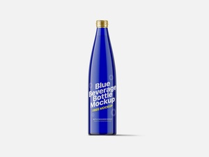 Maqueta de botellas de vidrio de bebida azul cobalto