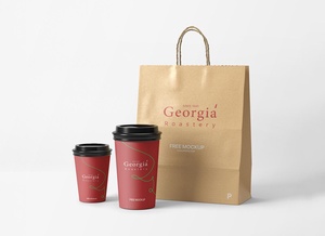 Coffee Cups & Kraft Shopping Bag Mockup