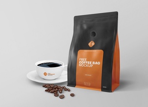 Coffee Standing Bag With Cup Mockup