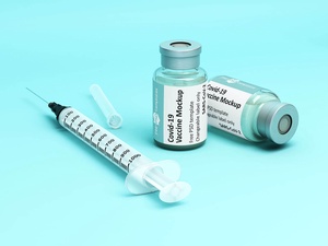 Inyección de vial de vacuna Covid-19 y juego de maquetas de jeringas