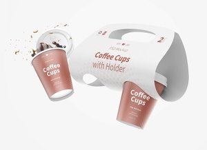 Floating Paper Coffee Cups With Holder Mockup