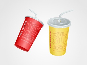 Floating Soda Paper Cup with Straw Mockup