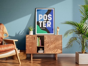 Framed Poster On Wooden Dresser Mockup