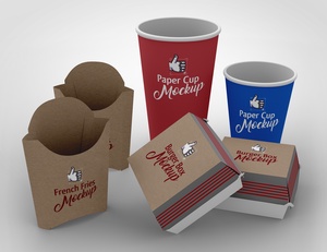 Френточная фри, бургер и бумажная чашка сцена упаковки