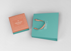 Gift Box With Paper Bag Mockup