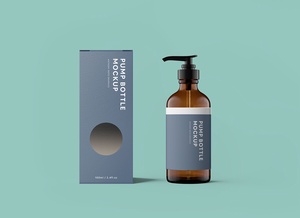 Amber Glass Pump Bottle With Packaging Mockup
