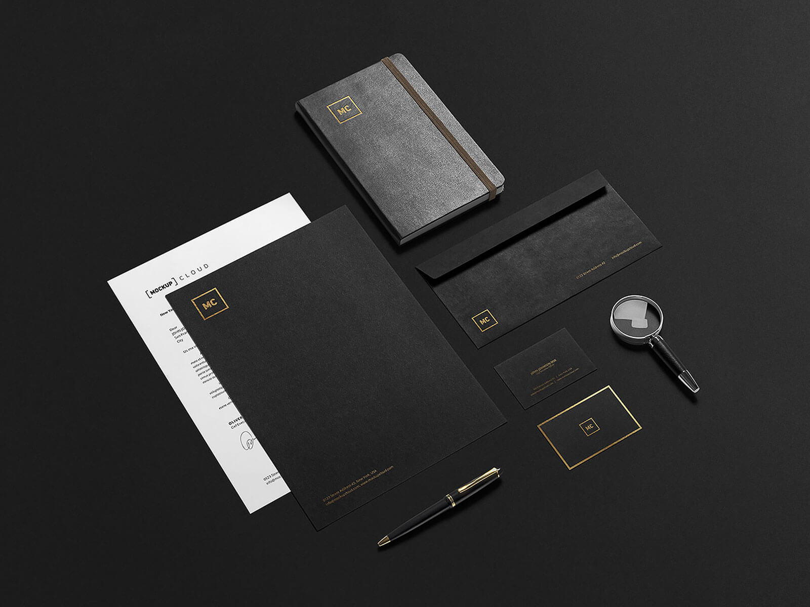 Goldfolie schwarzer Briefpapier mit Biz Card Mockup Set